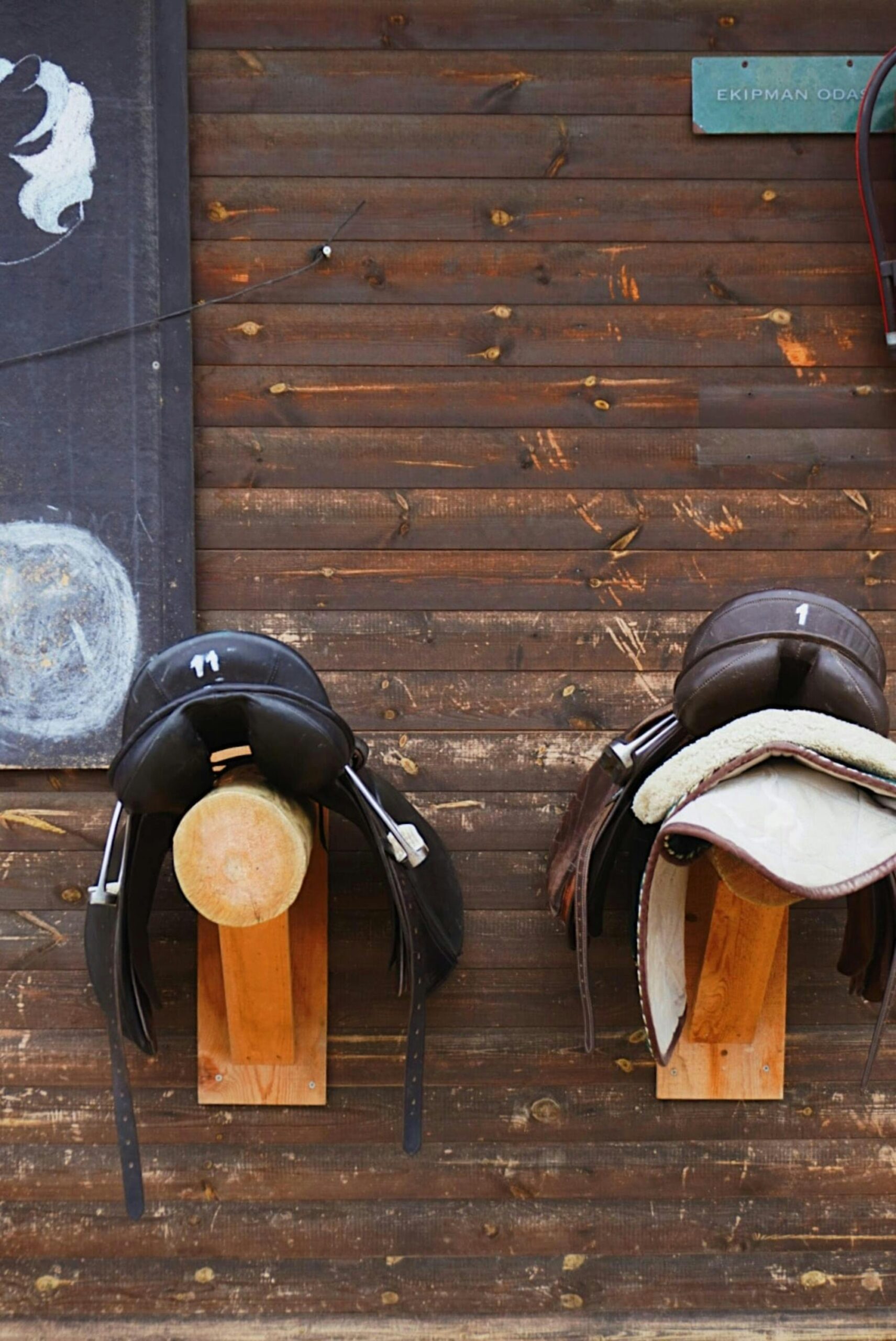 Two equestrian saddles displayed on a wooden wall in Eskişehir, Türkiye.